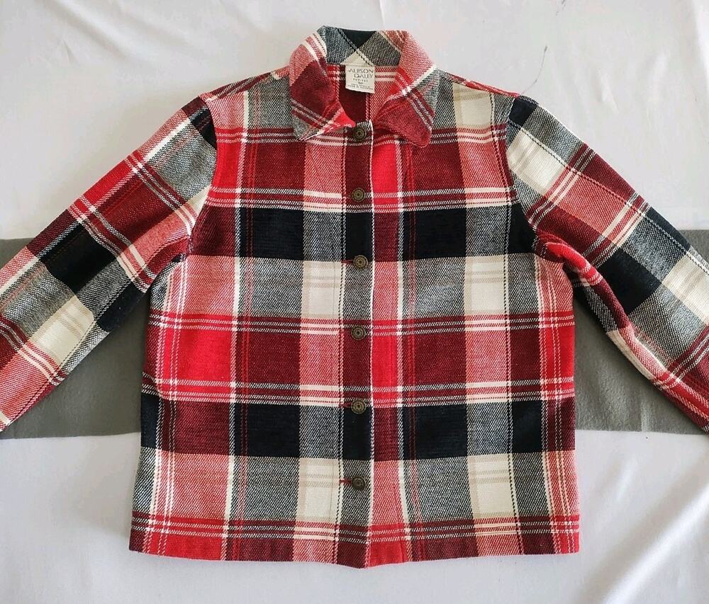 Allison Daley Womens Shacket Plaid Red Black Jacket Metal Buttons 8 Petite